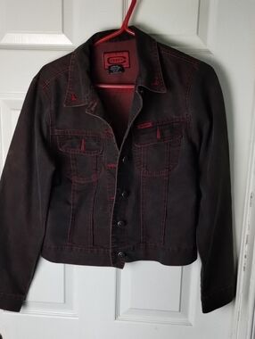 Crest Dark Color Jean Jacket with Red Stitching Accents. Med.